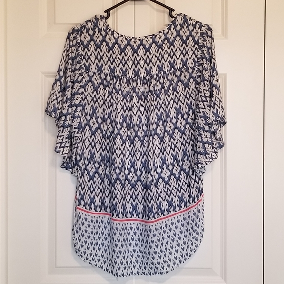 Beachlunchlounge blue white tassel tie neckline flutter sleeve SZ Med - Picture 2 of 5